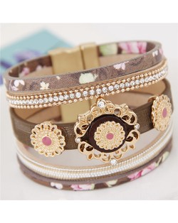 Court Floral Design Multi-layers Leather Fashion Wide Magnetic Lock Bangle - Brown