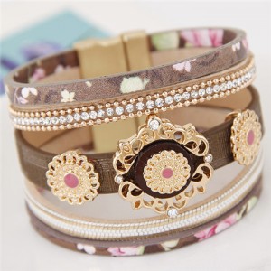 Court Floral Design Multi-layers Leather Fashion Wide Magnetic Lock Bangle - Brown