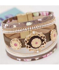 Court Floral Design Multi-layers Leather Fashion Wide Magnetic Lock Bangle - Brown