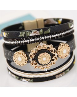 Court Floral Design Multi-layers Leather Fashion Wide Magnetic Lock Bangle - Black