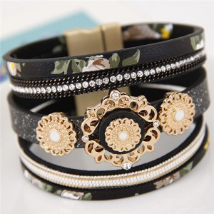 Court Floral Design Multi-layers Leather Fashion Wide Magnetic Lock Bangle - Black