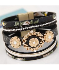 Court Floral Design Multi-layers Leather Fashion Wide Magnetic Lock Bangle - Black