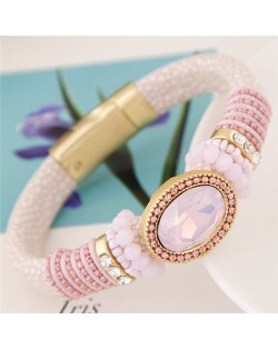 Oval Gems Inlaid with Beads Decorations Coarse Snake Texture Design Magnetic Lock Leather Bangle - Pink