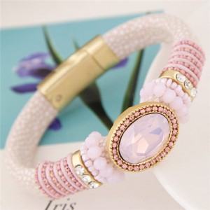 Oval Gems Inlaid with Beads Decorations Coarse Snake Texture Design Magnetic Lock Leather Bangle - Pink