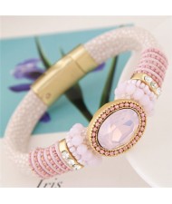 Oval Gems Inlaid with Beads Decorations Coarse Snake Texture Design Magnetic Lock Leather Bangle - Pink