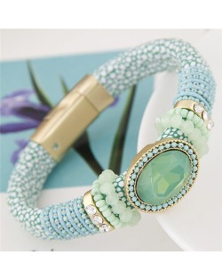 Oval Gems Inlaid with Beads Decorations Coarse Snake Texture Design Magnetic Lock Leather Bangle - Green