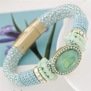 Oval Gems Inlaid with Beads Decorations Coarse Snake Texture Design Magnetic Lock Leather Bangle - Green