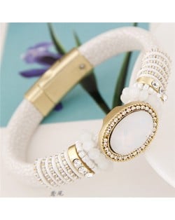 Oval Gems Inlaid with Beads Decorations Coarse Snake Texture Design Magnetic Lock Leather Bangle - White