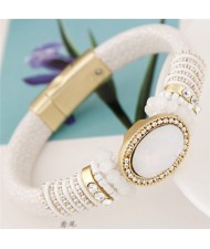 Oval Gems Inlaid with Beads Decorations Coarse Snake Texture Design Magnetic Lock Leather Bangle - White
