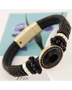 Oval Gems Inlaid with Beads Decorations Coarse Snake Texture Design Magnetic Lock Leather Bangle - Black