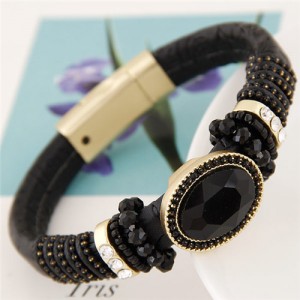 Oval Gems Inlaid with Beads Decorations Coarse Snake Texture Design Magnetic Lock Leather Bangle - Black