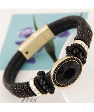 Oval Gems Inlaid with Beads Decorations Coarse Snake Texture Design Magnetic Lock Leather Bangle - Black
