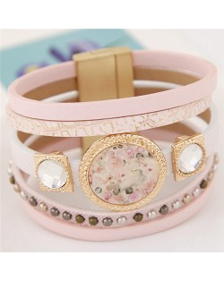 Vintage Golden Rimmed Floral Plate with Gem Inlaid Square Decorations Magnetic Lock Design Multi-layer Leather Bangle - Pink