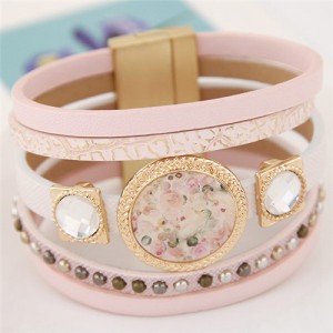 Vintage Golden Rimmed Floral Plate with Gem Inlaid Square Decorations Design Multi-layer Leather Bangle - Pink