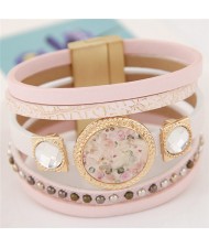Vintage Golden Rimmed Floral Plate with Gem Inlaid Square Decorations Magnetic Lock Design Multi-layer Leather Bangle - Pink