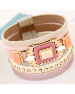 Square Gems Combined Floral Style Multi-layer Leather Fashion Bangle - Pink
