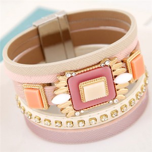Square Gems Combined Floral Style Multi-layer Leather Fashion Bangle - Pink
