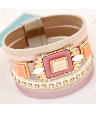 Square Gems Combined Floral Style Multi-layer Leather Fashion Bangle - Pink