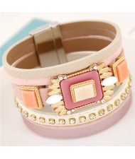 Square Gems Combined Floral Style Multi-layer Leather Fashion Bangle - Pink