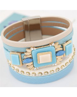 Square Gems Combined Floral Style Multi-layer Leather Fashion Bangle - Blue