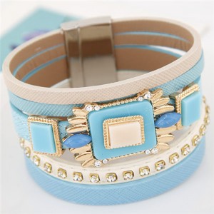 Square Gems Combined Floral Style Multi-layer Leather Fashion Bangle - Blue