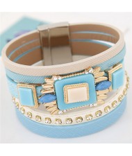 Square Gems Combined Floral Style Multi-layer Leather Fashion Bangle - Blue
