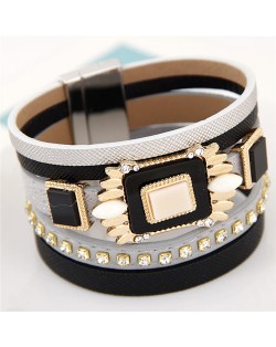 Square Gems Combined Floral Style Multi-layer Leather Fashion Bangle - Black