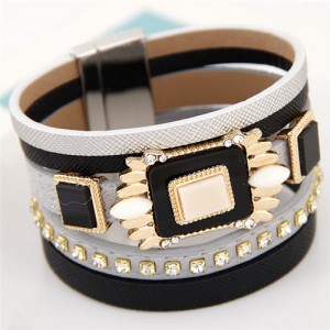 Square Gems Combined Floral Style Multi-layer Leather Fashion Bangle - Black