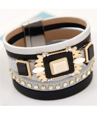 Square Gems Combined Floral Style Multi-layer Leather Fashion Bangle - Black
