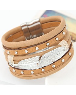 Silver Leaf Attached Design Multi-layer Studs Inlaid Leather Fashion Bracelet - Khaki