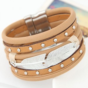 Silver Leaf Attached Design Multi-layer Studs Inlaid Leather Fashion Bracelet - Khaki