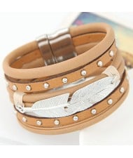 Silver Leaf Attached Design Multi-layer Studs Inlaid Leather Fashion Bracelet - Khaki