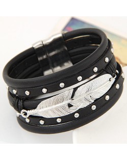 Silver Leaf Attached Design Multi-layer Studs Inlaid Leather Fashion Bracelet - Black