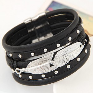 Silver Leaf Attached Design Multi-layer Studs Inlaid Leather Fashion Bracelet - Black