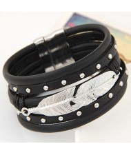 Silver Leaf Attached Design Multi-layer Studs Inlaid Leather Fashion Bracelet - Black