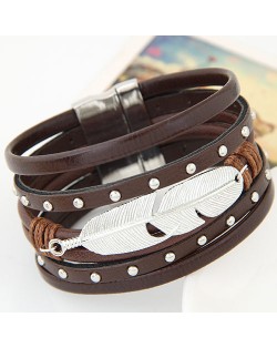 Silver Leaf Attached Design Multi-layer Studs Inlaid Leather Fashion Bracelet - Brown