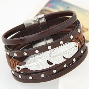 Silver Leaf Attached Design Multi-layer Studs Inlaid Leather Fashion Bracelet - Brown