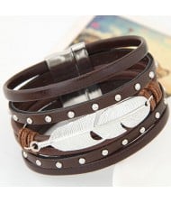 Silver Leaf Attached Design Multi-layer Studs Inlaid Leather Fashion Bracelet - Brown