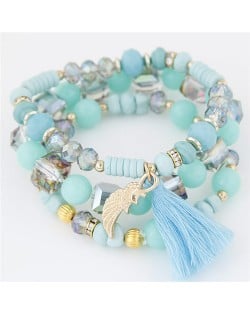 Cute Angel Wing and Tassel Decorated Triple Layers Resin and Crystal Beads Fashion Bracelet - Blue