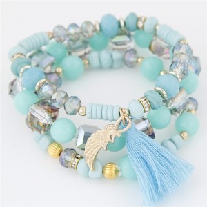 Cute Angel Wing and Tassel Decorated Triple Layers Resin and Crystal Beads Fashion Bracelet - Blue