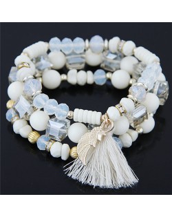 Cute Angel Wing and Tassel Decorated Triple Layers Resin and Crystal Beads Fashion Bracelet - White