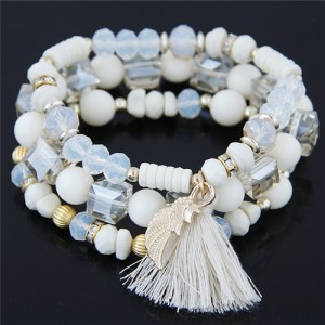 Cute Angel Wing and Tassel Decorated Triple Layers Resin and Crystal Beads Fashion Bracelet - White