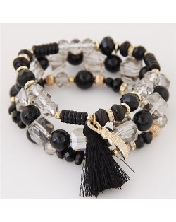 Cute Angel Wing and Tassel Decorated Triple Layers Resin and Crystal Beads Fashion Bracelet - Black