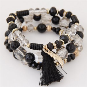 Cute Angel Wing and Tassel Decorated Triple Layers Resin and Crystal Beads Fashion Bracelet - Black
