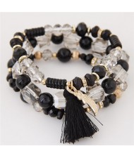 Cute Angel Wing and Tassel Decorated Triple Layers Resin and Crystal Beads Fashion Bracelet - Black