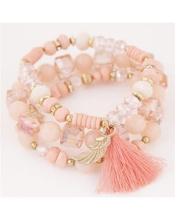 Cute Angel Wing and Tassel Decorated Triple Layers Resin and Crystal Beads Fashion Bracelet - Pink