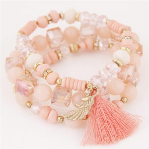 Cute Angel Wing and Tassel Decorated Triple Layers Resin and Crystal Beads Fashion Bracelet - Pink