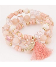 Cute Angel Wing and Tassel Decorated Triple Layers Resin and Crystal Beads Fashion Bracelet - Pink