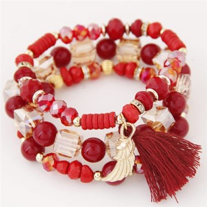 Cute Angel Wing and Tassel Decorated Triple Layers Resin and Crystal Beads Fashion Bracelet - Red