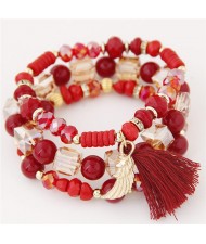 Cute Angel Wing and Tassel Decorated Triple Layers Resin and Crystal Beads Fashion Bracelet - Red